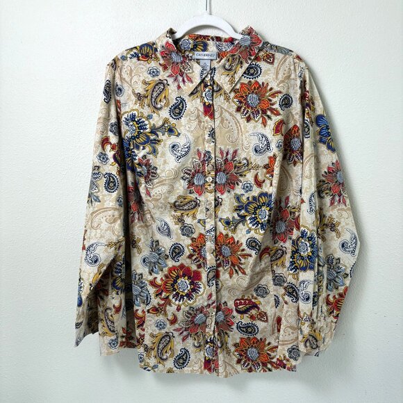 Catherines Button Front Top Size 2X Tan Orange Floral Cotton Roll Tab Sleeve - Picture 1 of 13